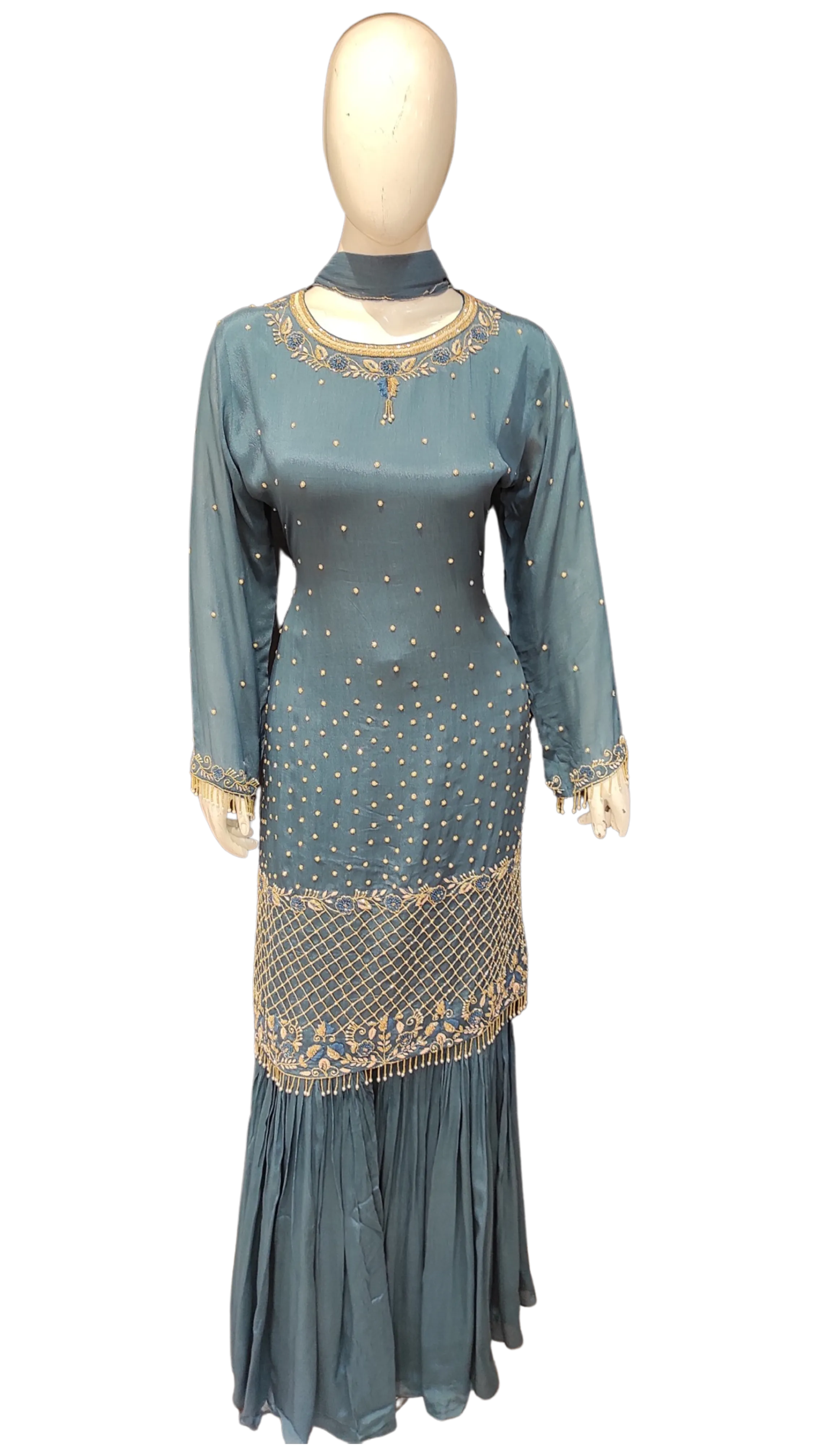 Chinon Gharara Kurti With Beads And Jarkon