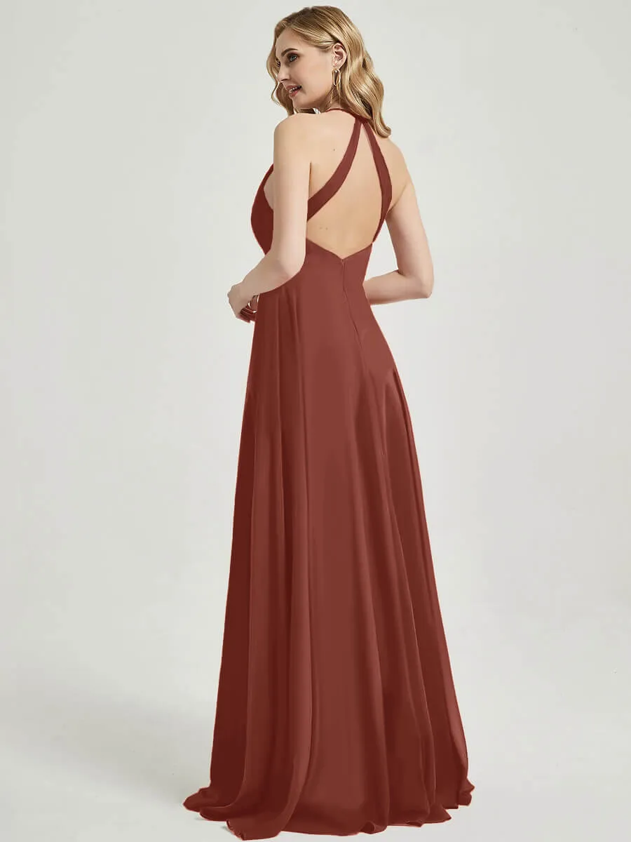 Cinnamon Rose Pleated Halter V-Neck Backless Chiffon Bridesmaid Dress