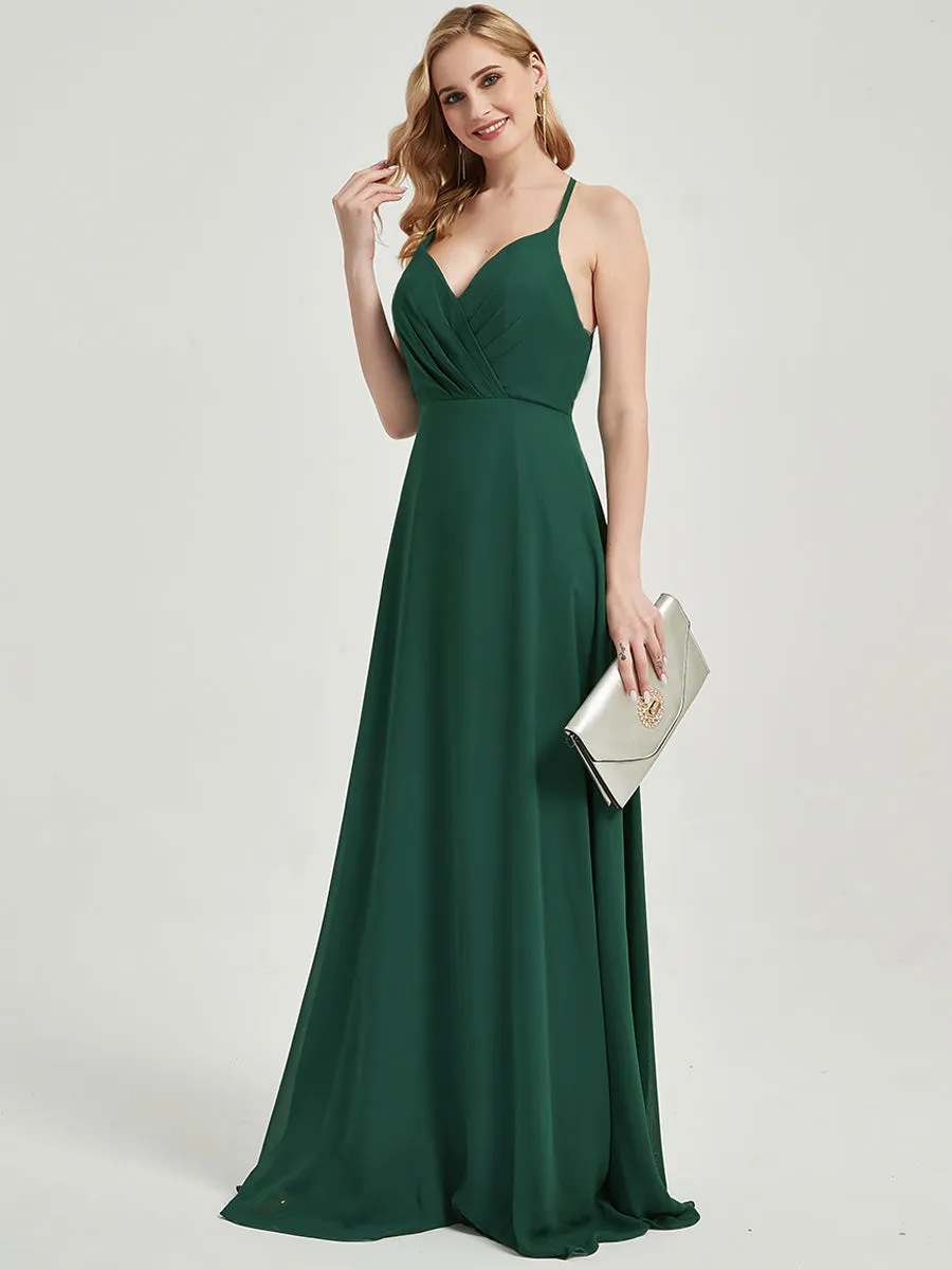 Cinnamon Rose Pleated Halter V-Neck Backless Chiffon Bridesmaid Dress