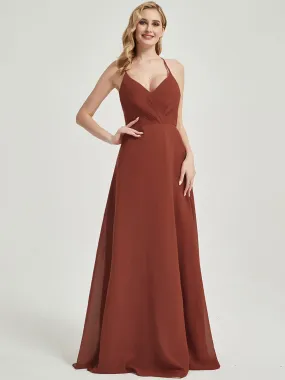 Cinnamon Rose Pleated Halter V-Neck Backless Chiffon Bridesmaid Dress