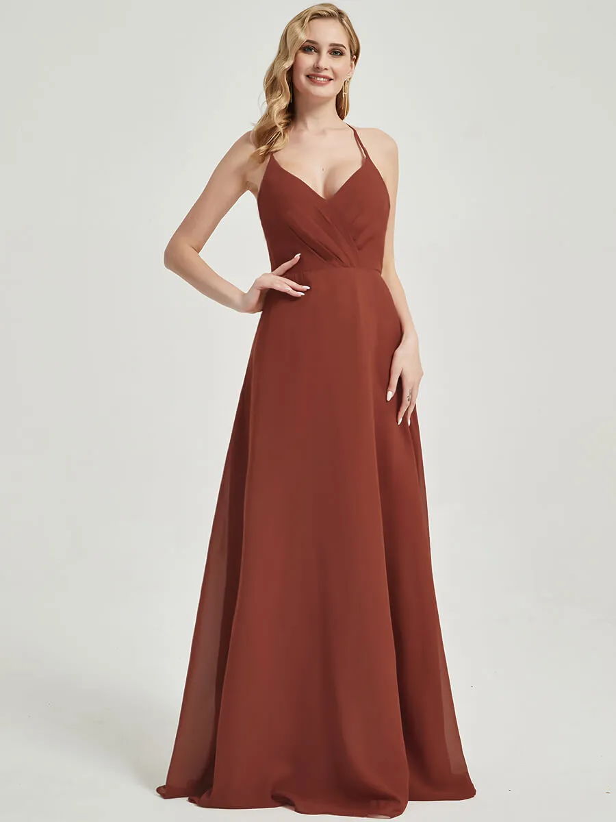 Cinnamon Rose Pleated Halter V-Neck Backless Chiffon Bridesmaid Dress