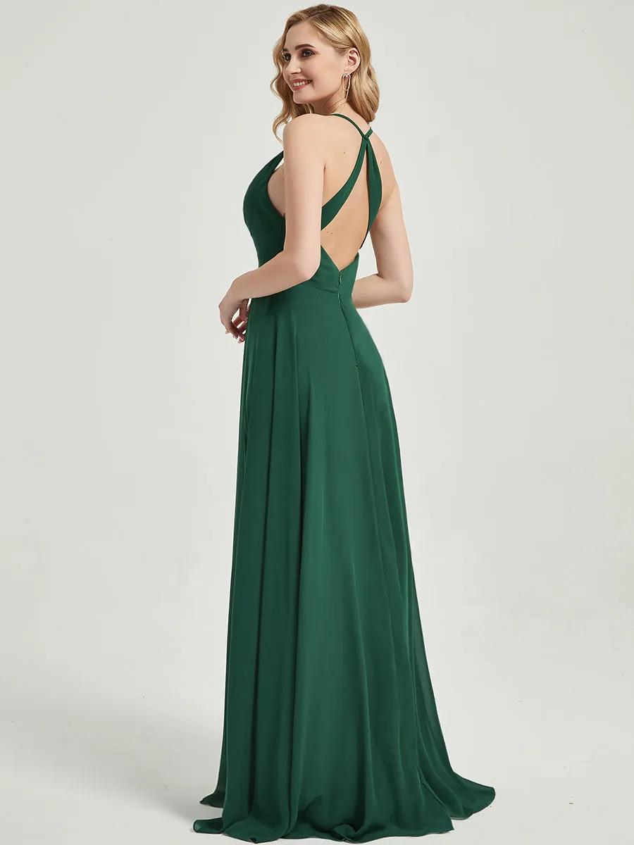 Cinnamon Rose Pleated Halter V-Neck Backless Chiffon Bridesmaid Dress