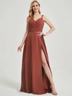 Cinnamon Rose Spaghetti Strap Slit Lace Chiffon Maxi Bridesmaid Dress