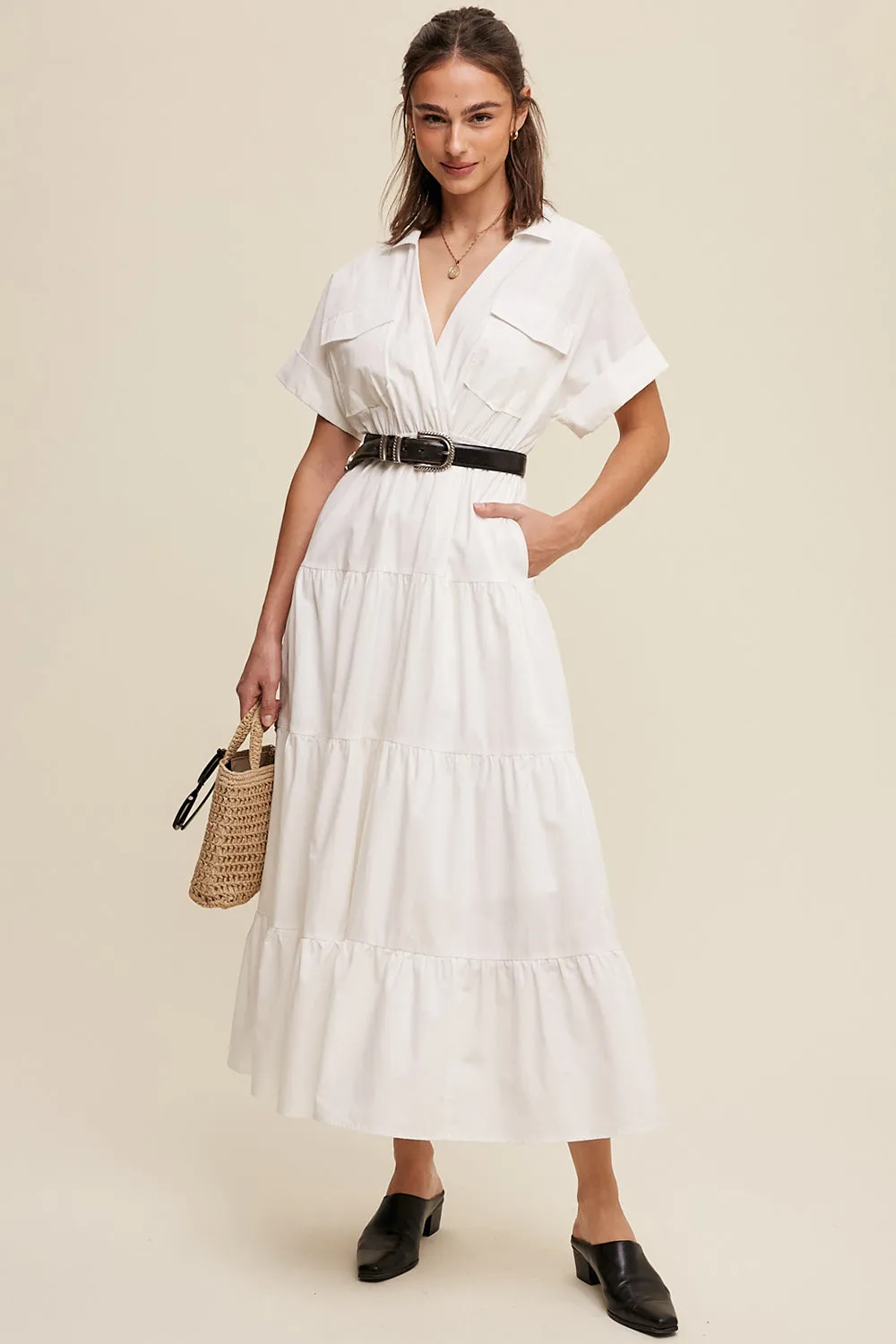 Collared Surplice Neckline Poplin Maxi Dress