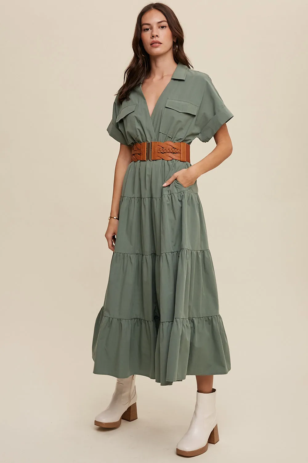 Collared Surplice Neckline Poplin Maxi Dress