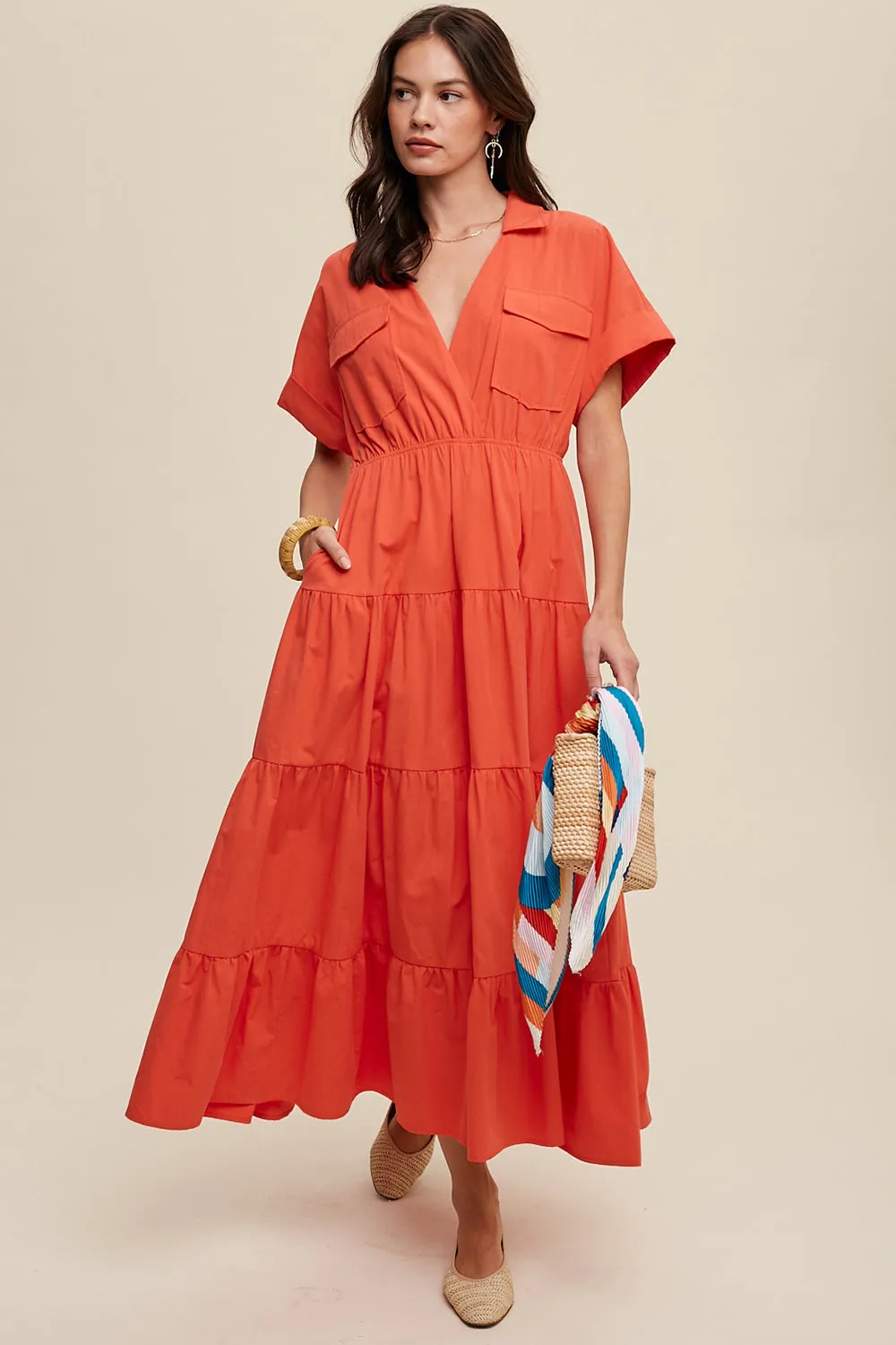 Collared Surplice Neckline Poplin Maxi Dress