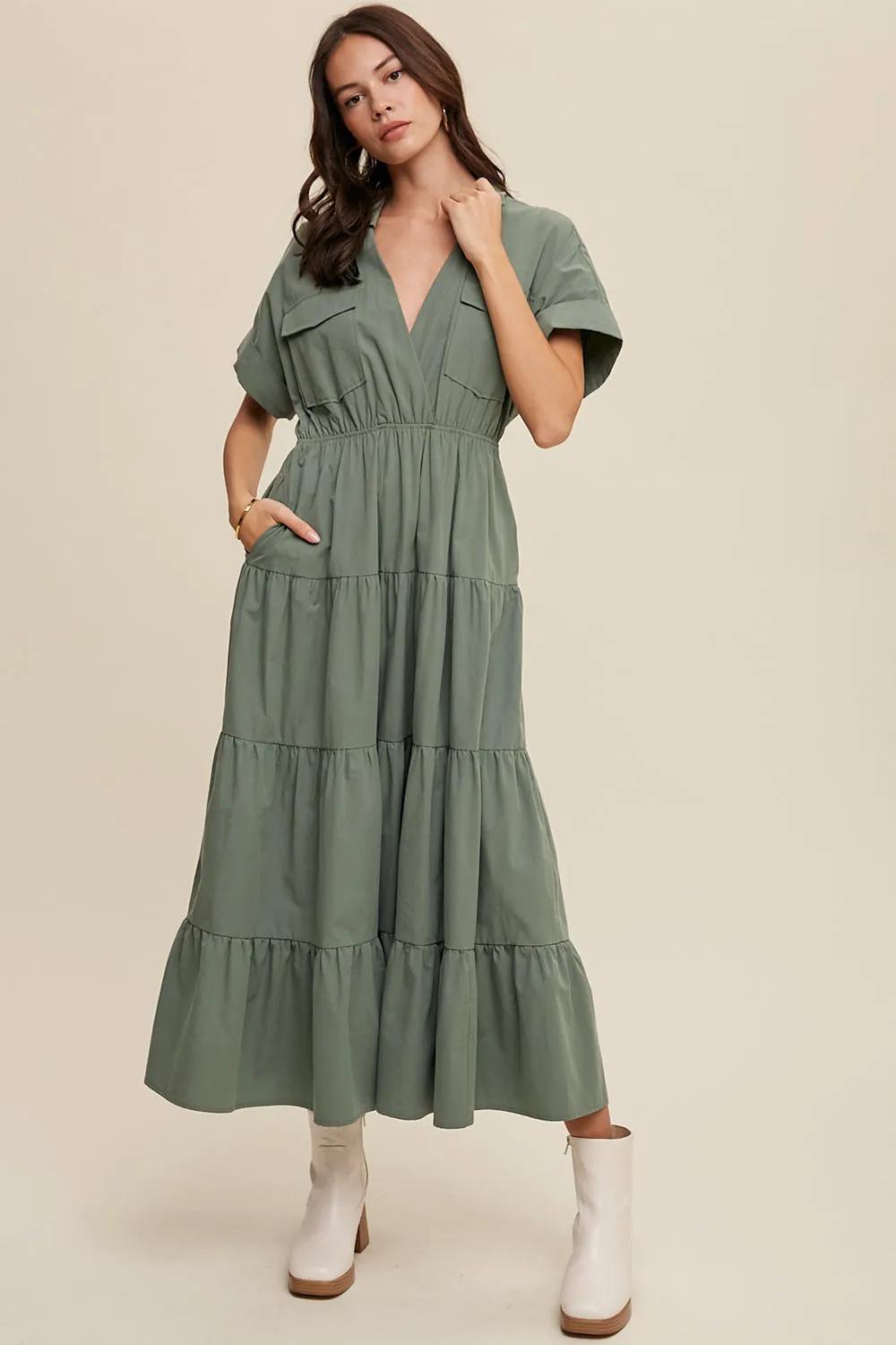 Collared Surplice Neckline Poplin Maxi Dress