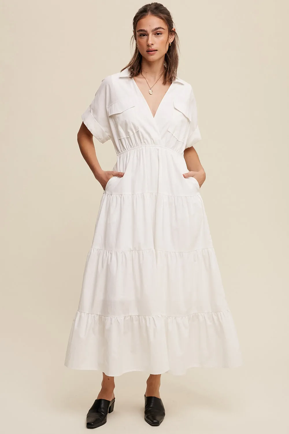 Collared Surplice Neckline Poplin Maxi Dress