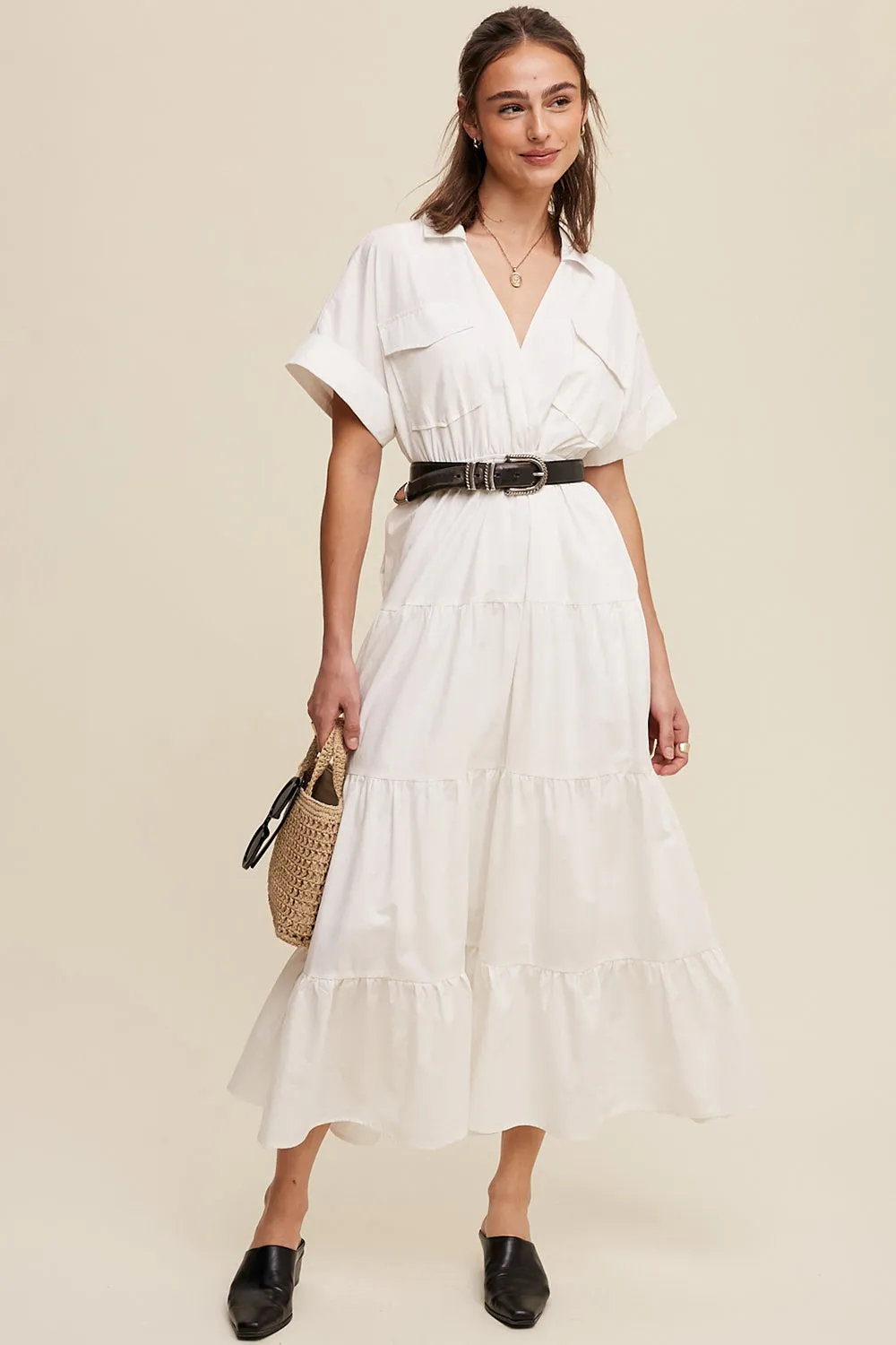 Collared Surplice Neckline Poplin Maxi Dress