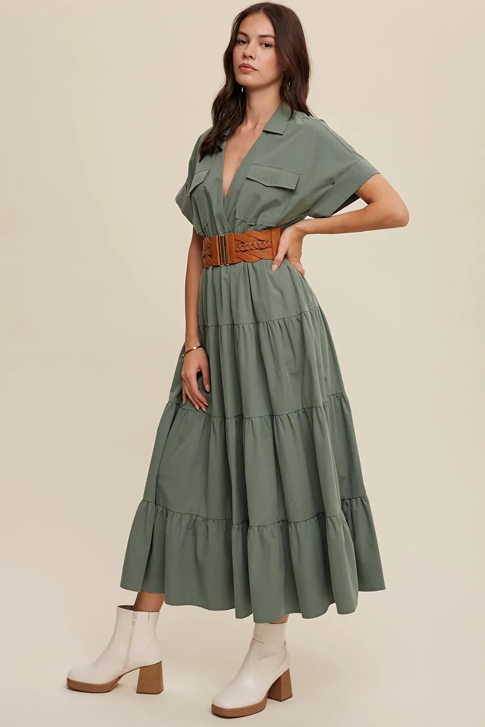 Collared Surplice Neckline Poplin Maxi Dress