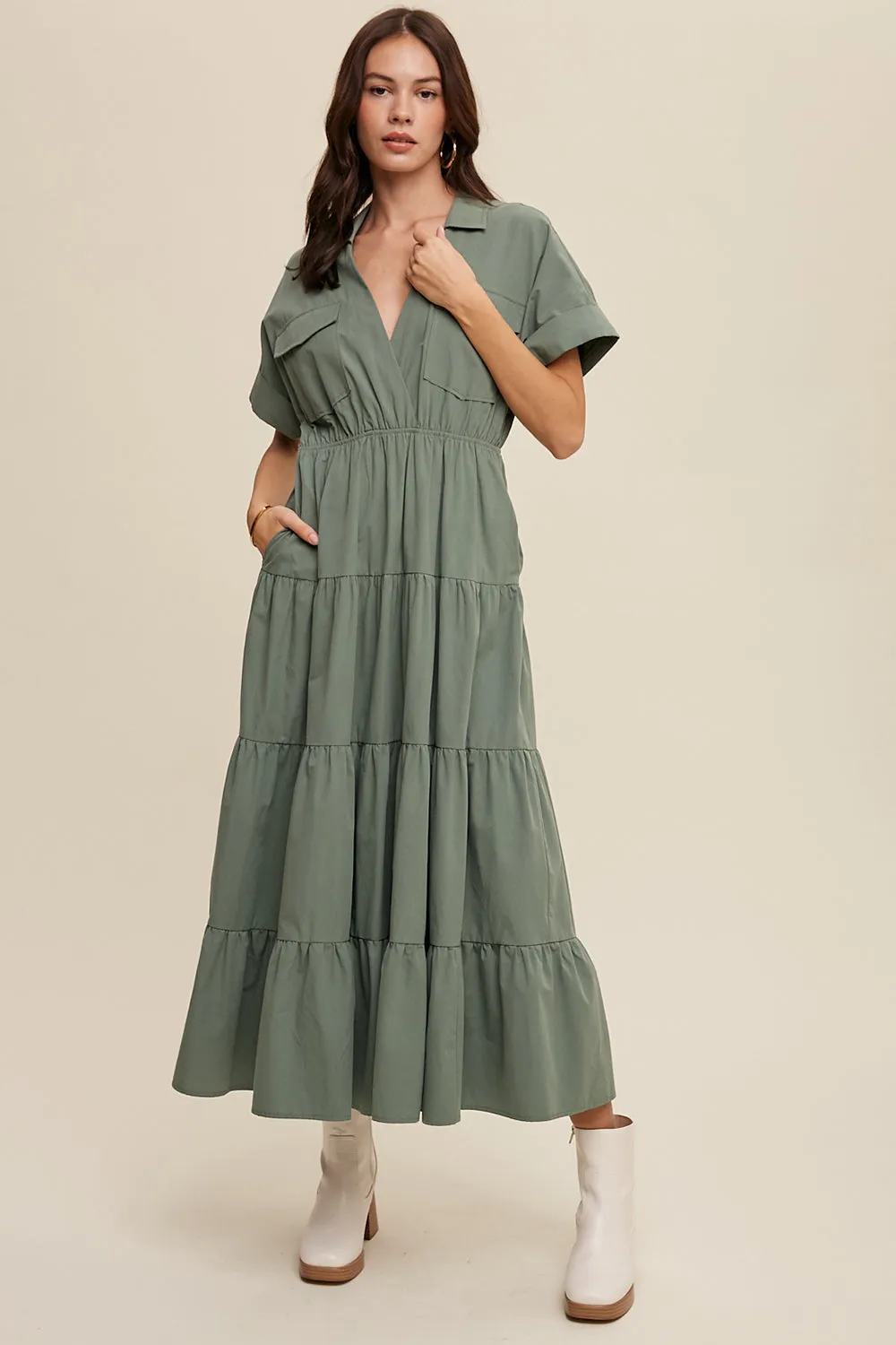 Collared Surplice Neckline Poplin Maxi Dress