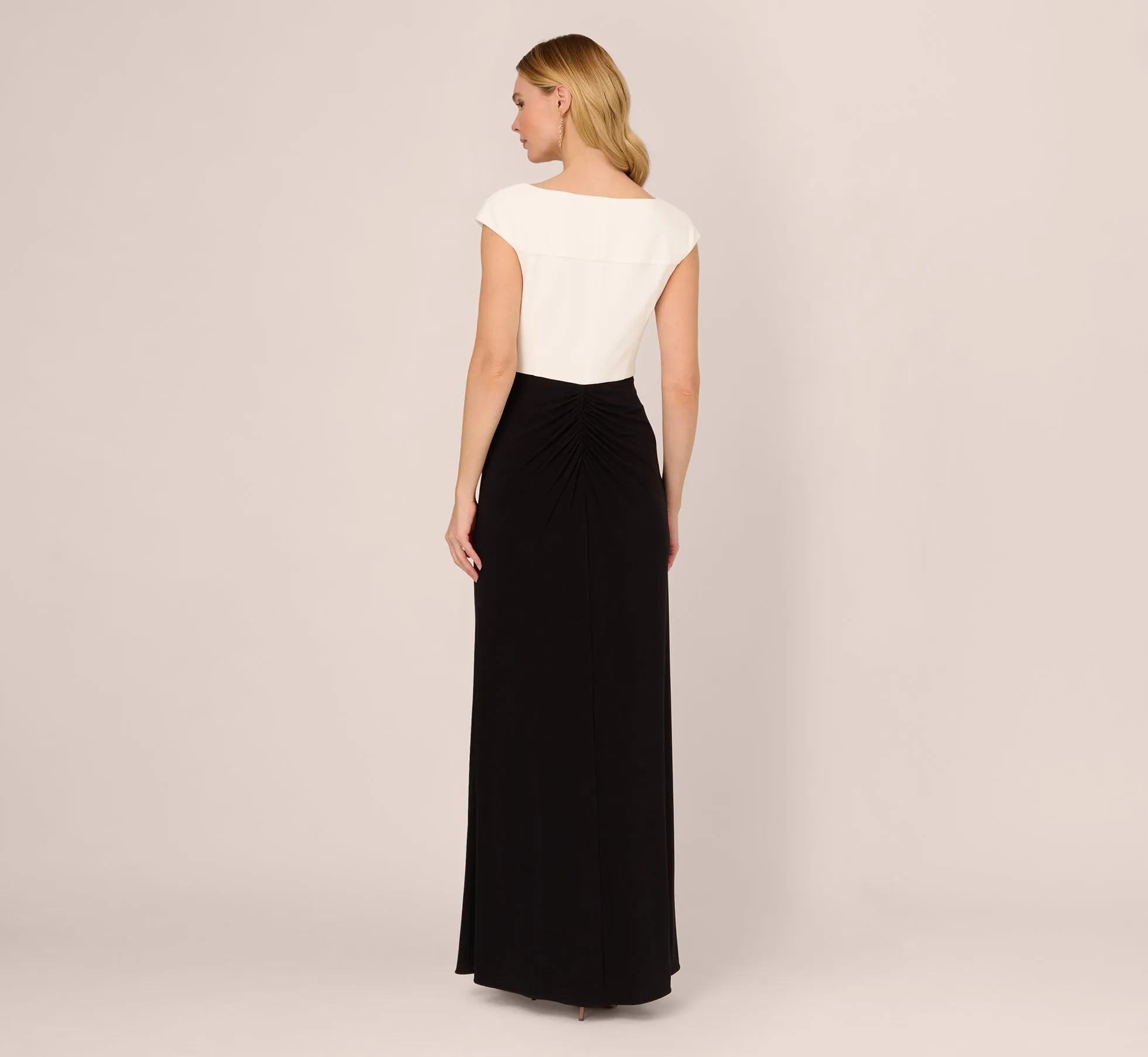 Colorblock Mermaid Gown With Pleated Details In Black Ivory