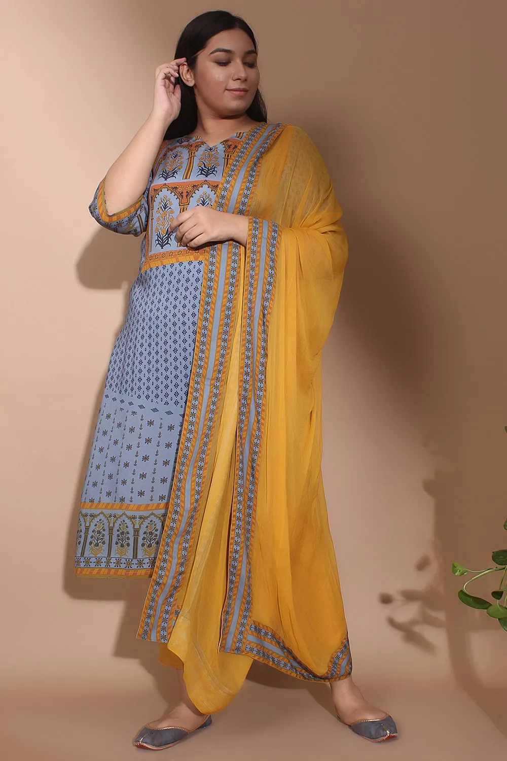 Cool Grey and Bronze Straight Fit Printed Kurti