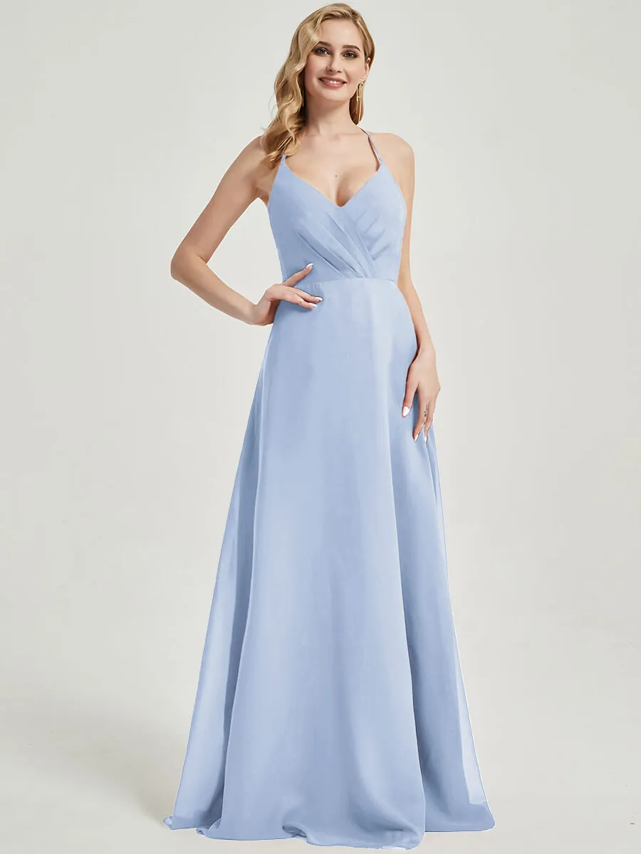 Cornflower Blue Pleated Halter V-Neck Backless Chiffon Bridesmaid Dress