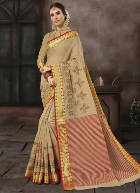 Cotton Silk Casual Wear Printed Work Saree- beige