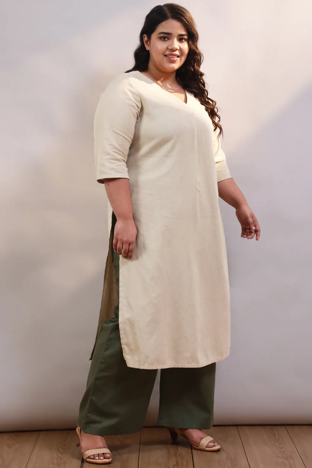 Cream Cotton Linen V Neck Centre Pleat Kurti