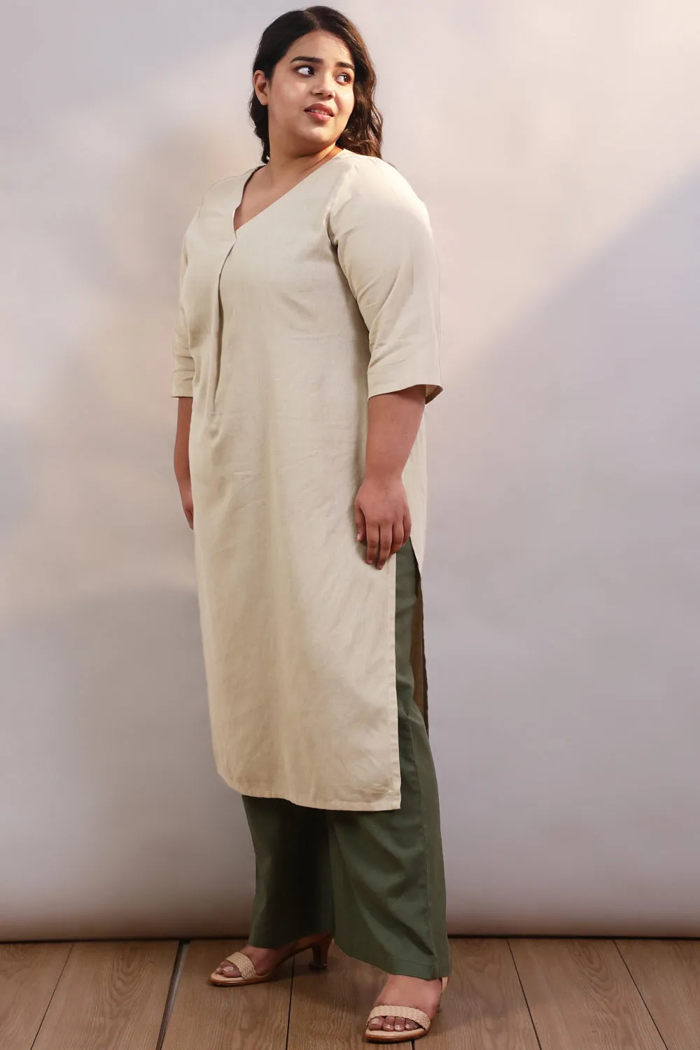 Cream Cotton Linen V Neck Centre Pleat Kurti