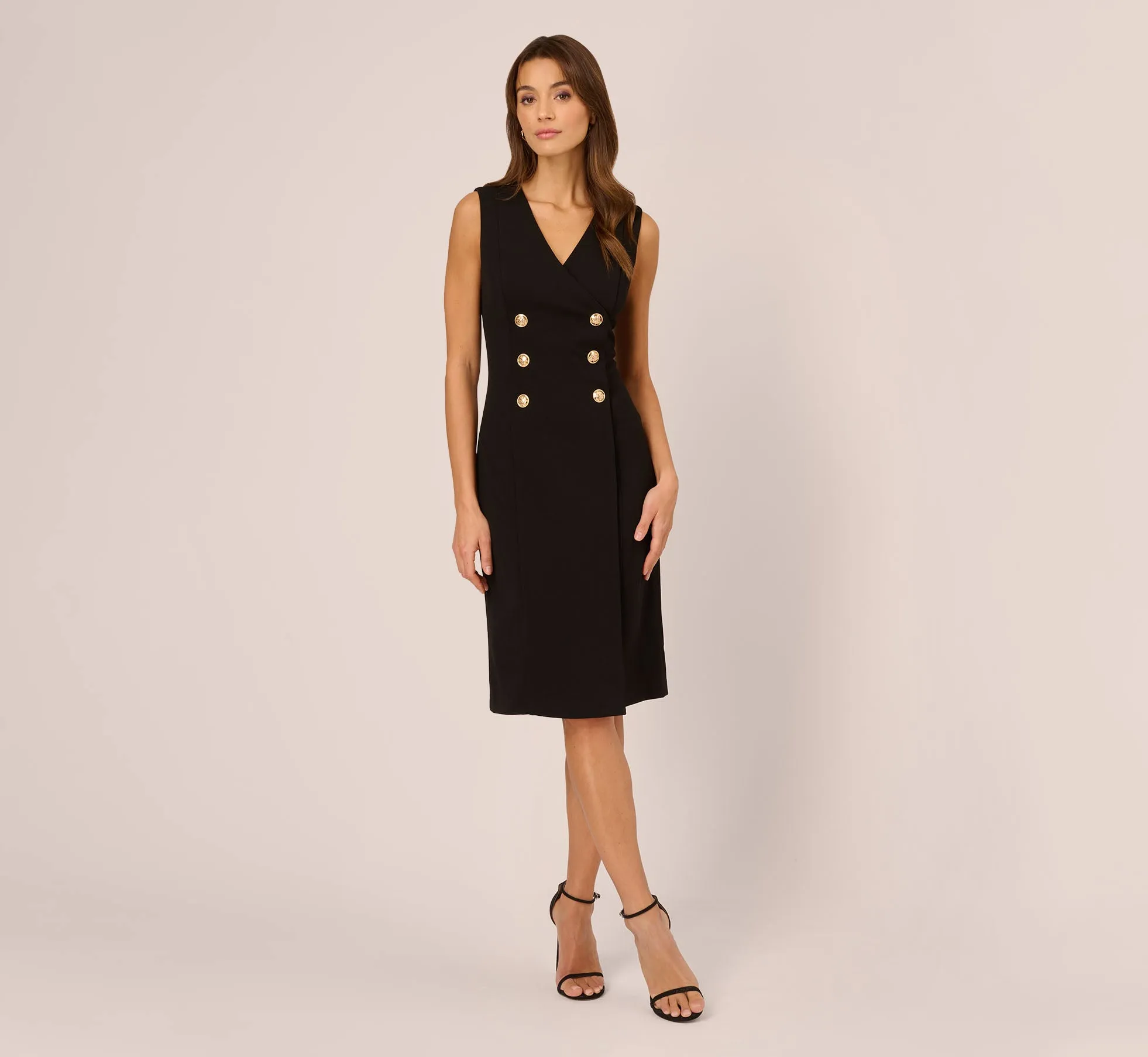 Crepe Sleeveless Sheath Dress With Six Button Details In Black