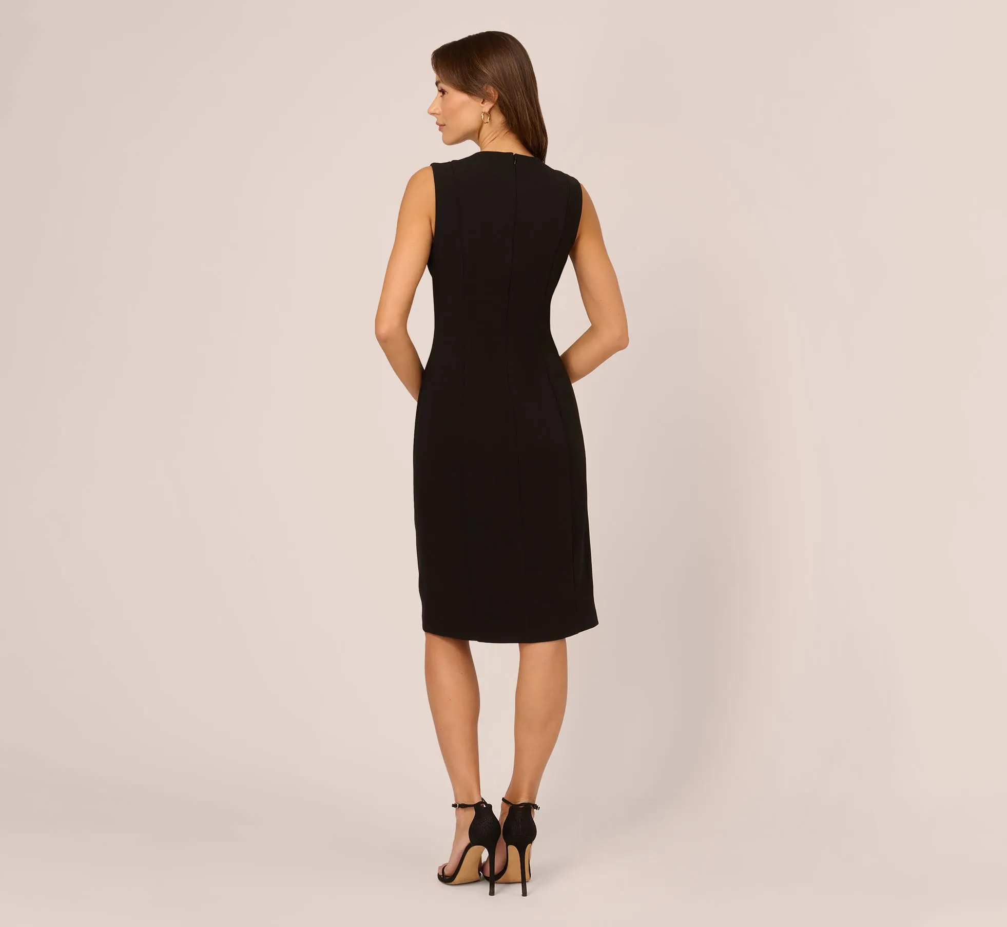 Crepe Sleeveless Sheath Dress With Six Button Details In Black