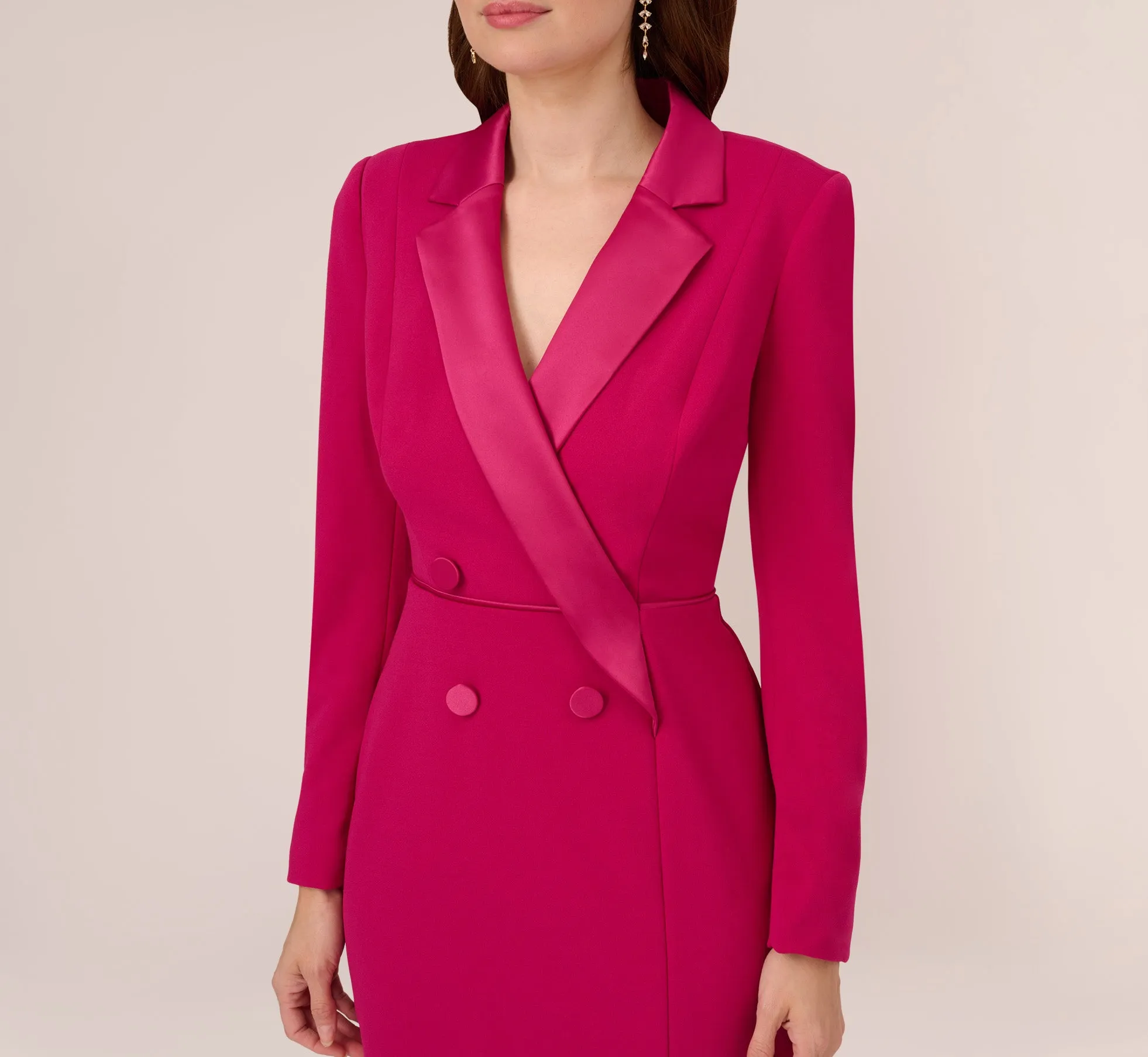 Crepe Tuxedo Sheath Dress With Long Sleeves In Rich Magenta