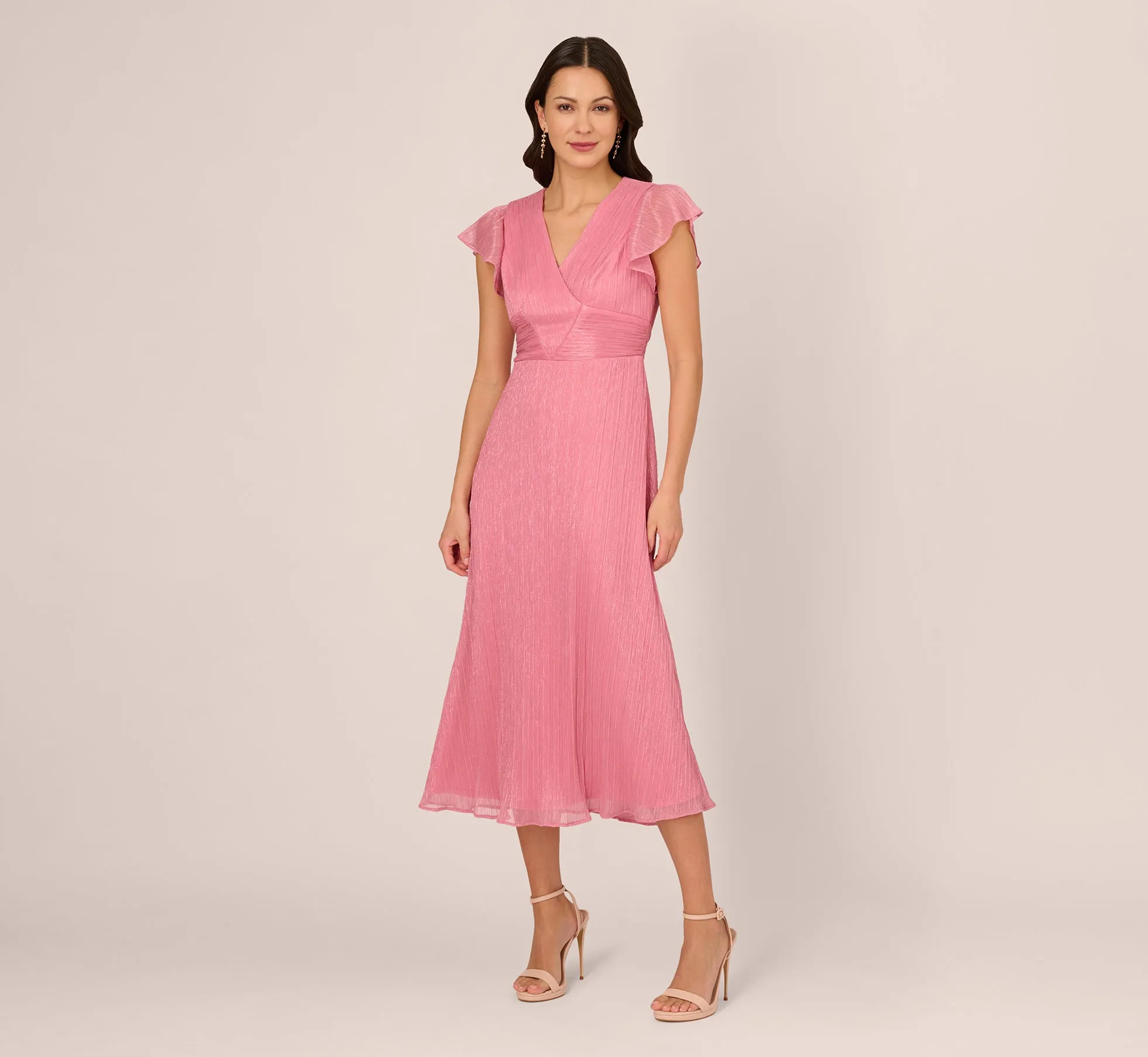 Crinkle Mesh Midi Dress With Flutter Sleeves In Faded Rose