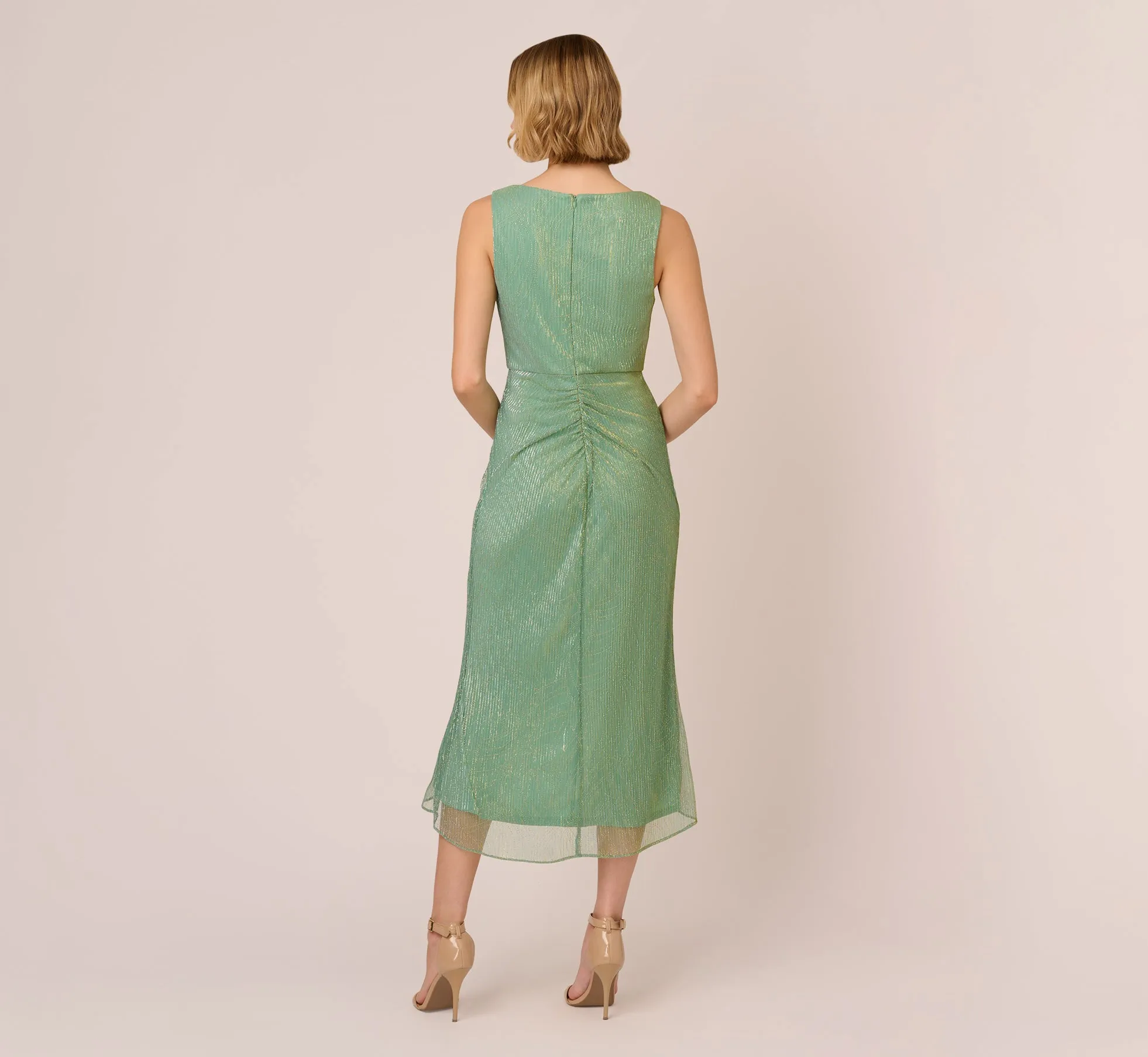 Crinkle Metallic Faux Wrap Dress With Draped Detail In Green Slate