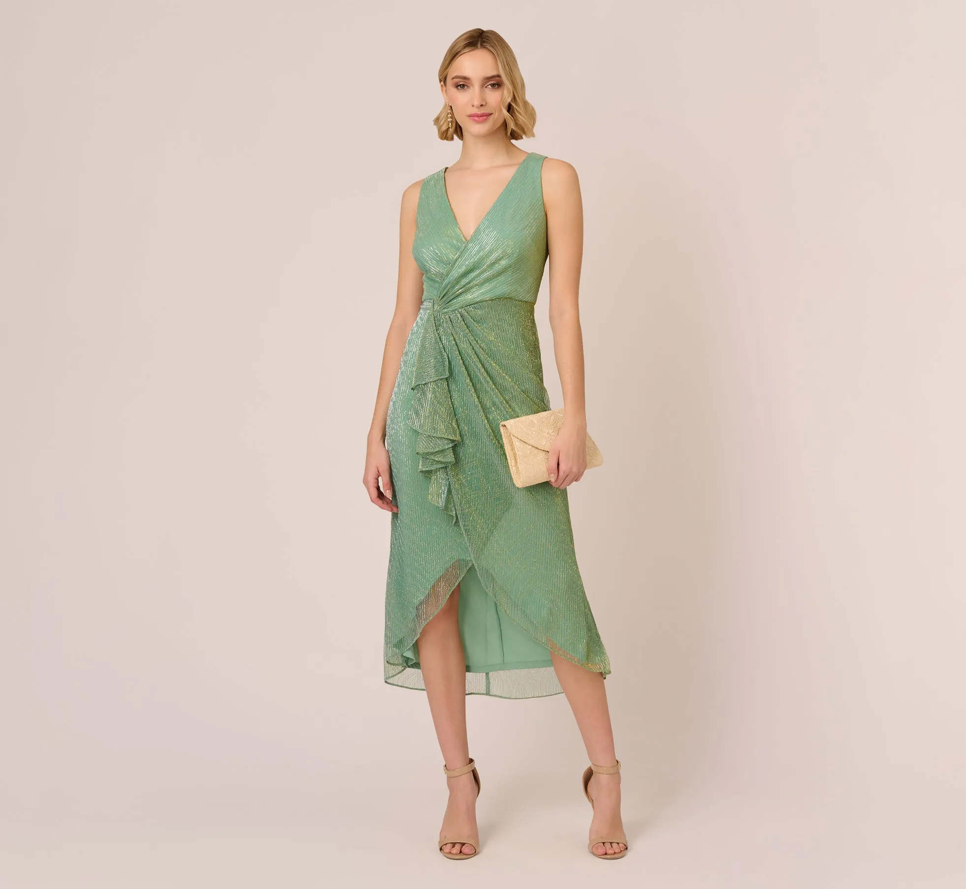 Crinkle Metallic Faux Wrap Dress With Draped Detail In Green Slate