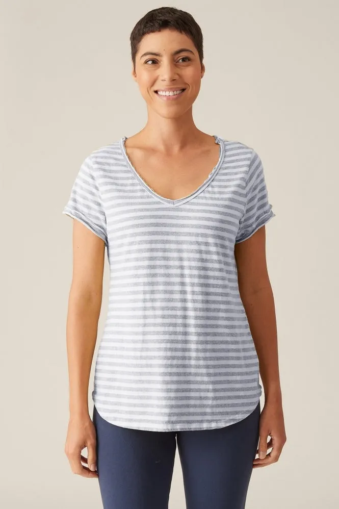 Cut Loose Striped Raw Edge V-Neck Top, Style #0416849