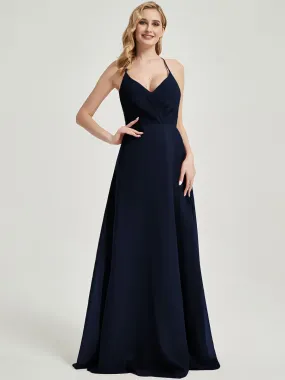 Dark Navy Pleated Halter V-Neck Backless Maxi Chiffon Bridesmaid Dress