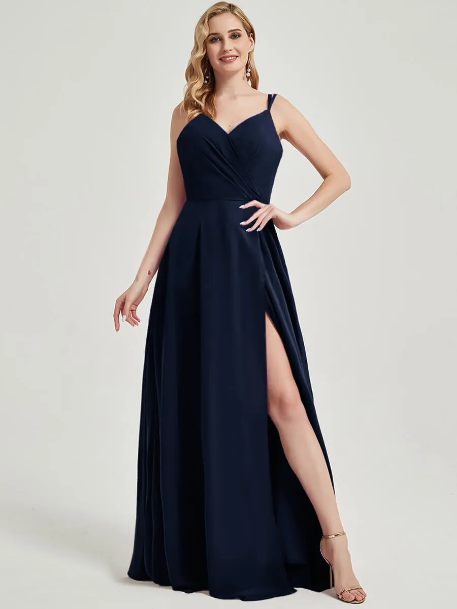 Dark Navy Spaghetti Straps Slit Maxi Lace Chiffon Bridesmaid Dress