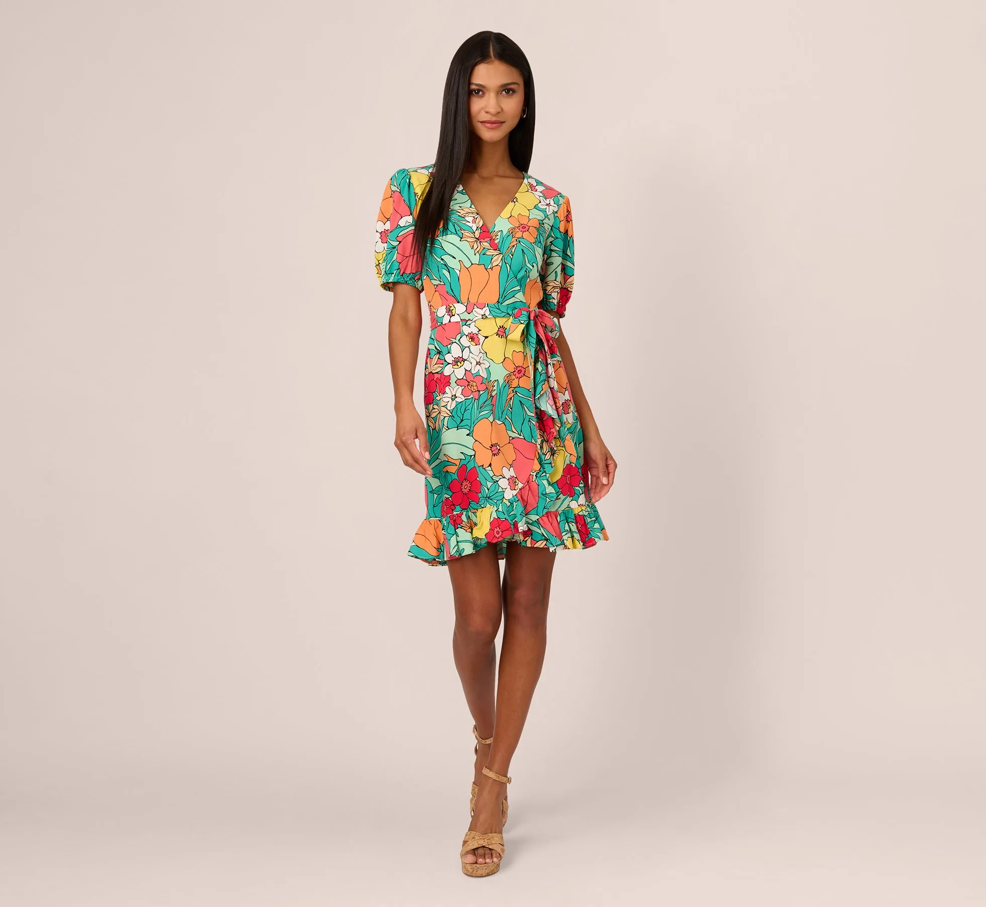 Drawn Floral Print Faux Wrap Dress With Short Sleeves In Aqua Coral Multi