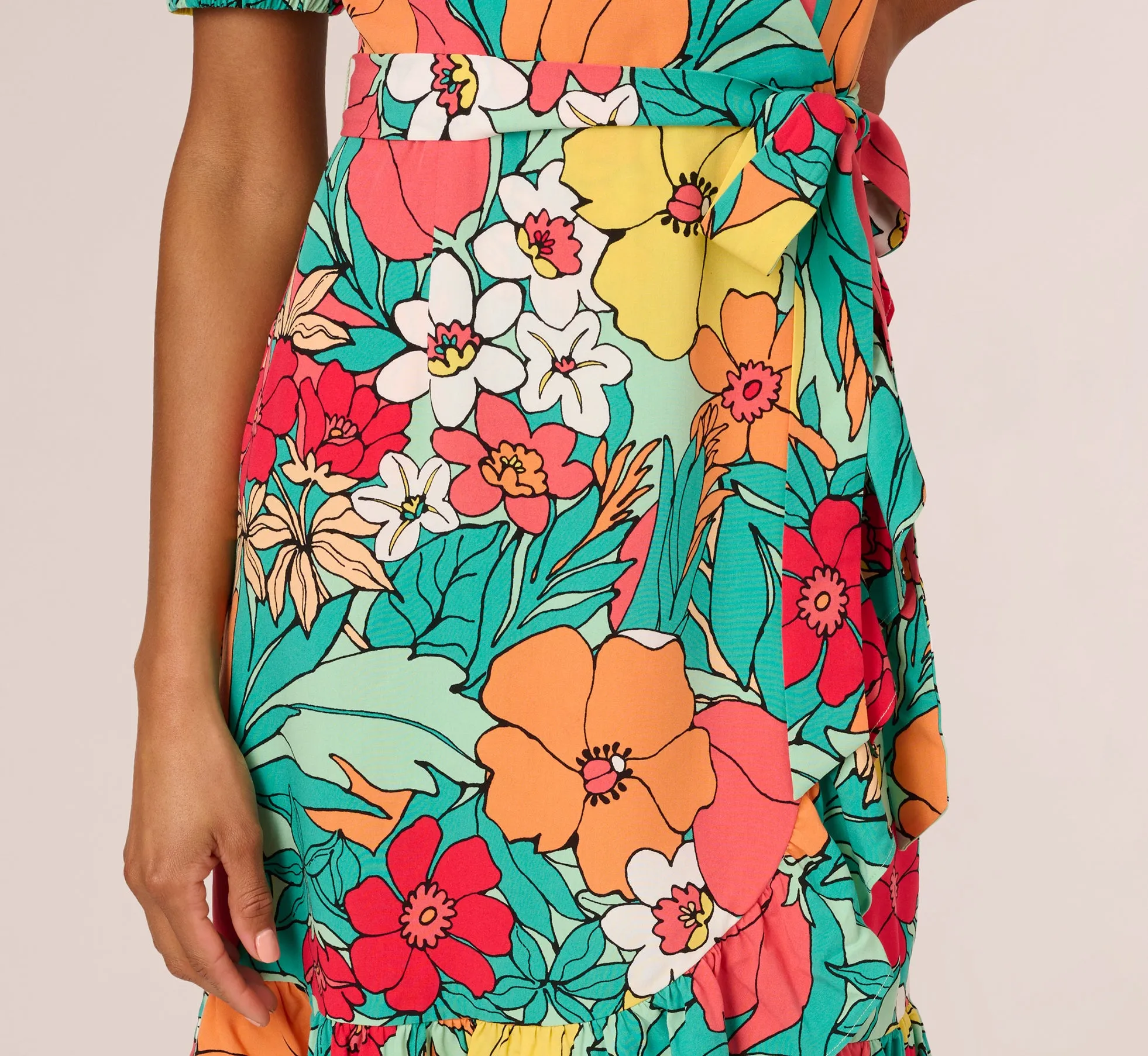 Drawn Floral Print Faux Wrap Dress With Short Sleeves In Aqua Coral Multi