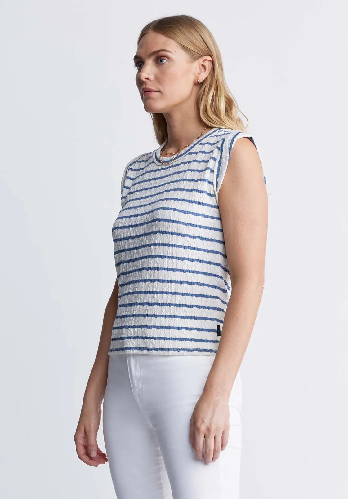 Elayne Women’s Striped Knit Tank Top in White & Blue - KT0126P