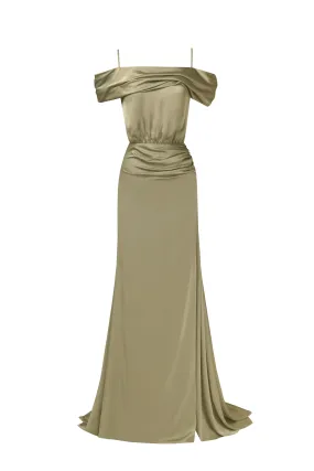 Elegant olive off-the-shoulder silk maxi dress