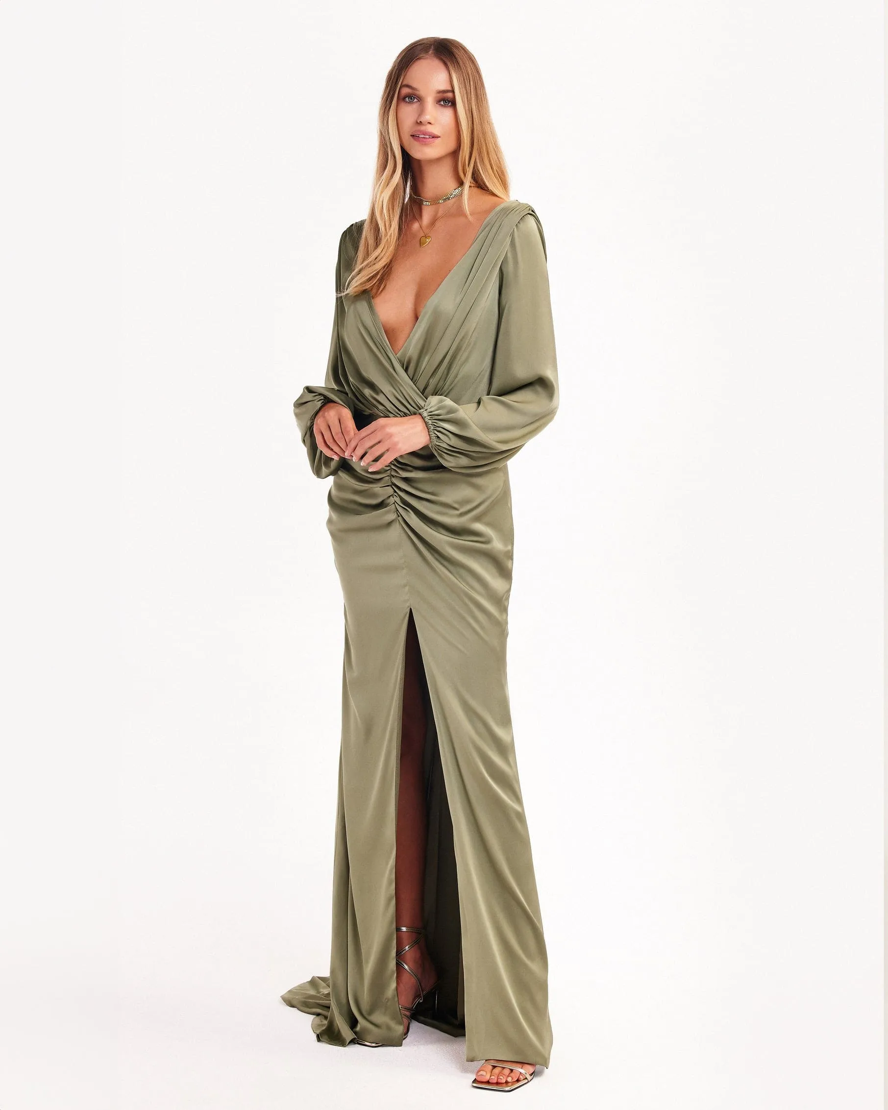 Fancy olive silk maxi evening dress