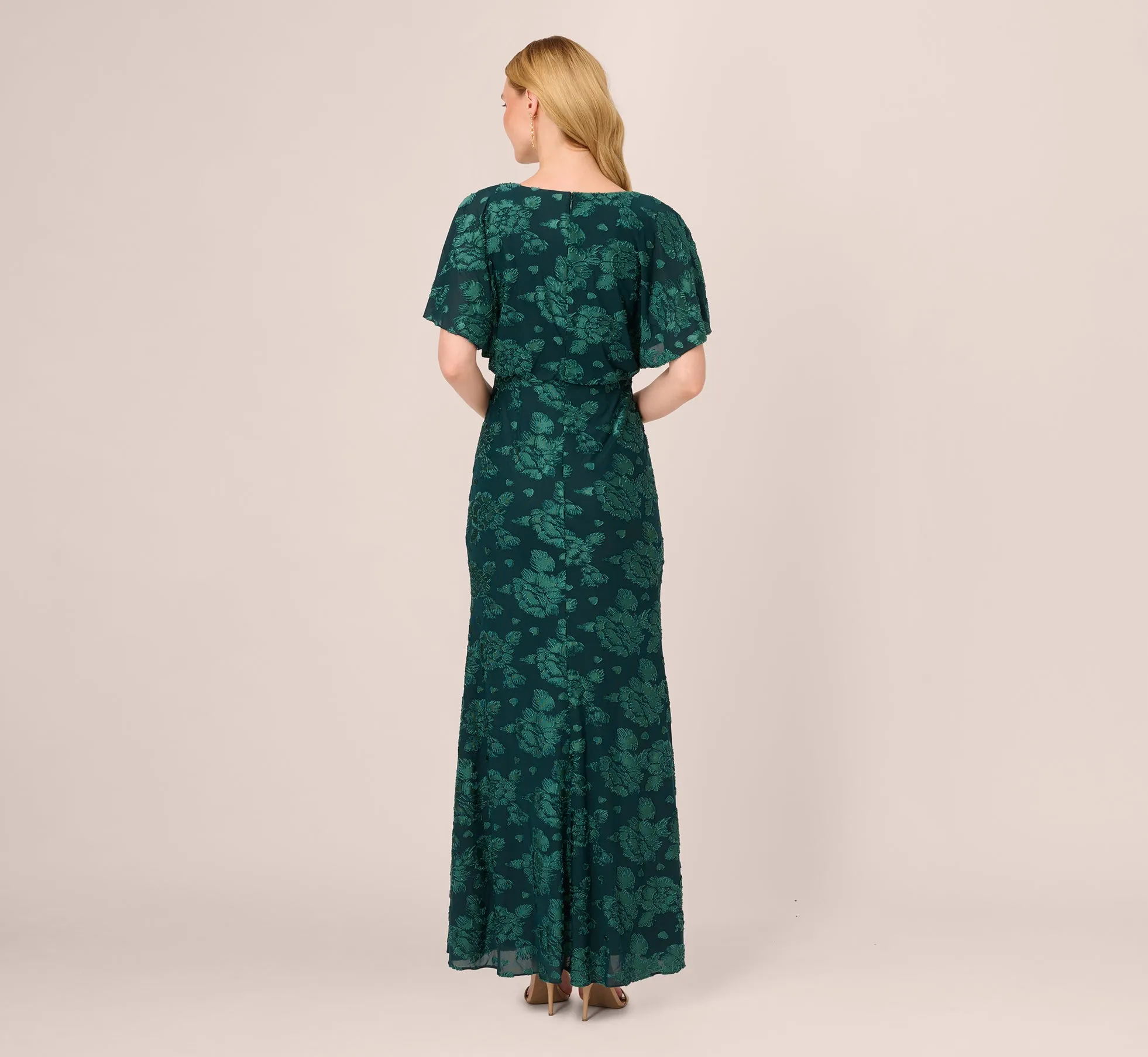 Floral Burnout Velvet Long Blouson Gown In Hunter