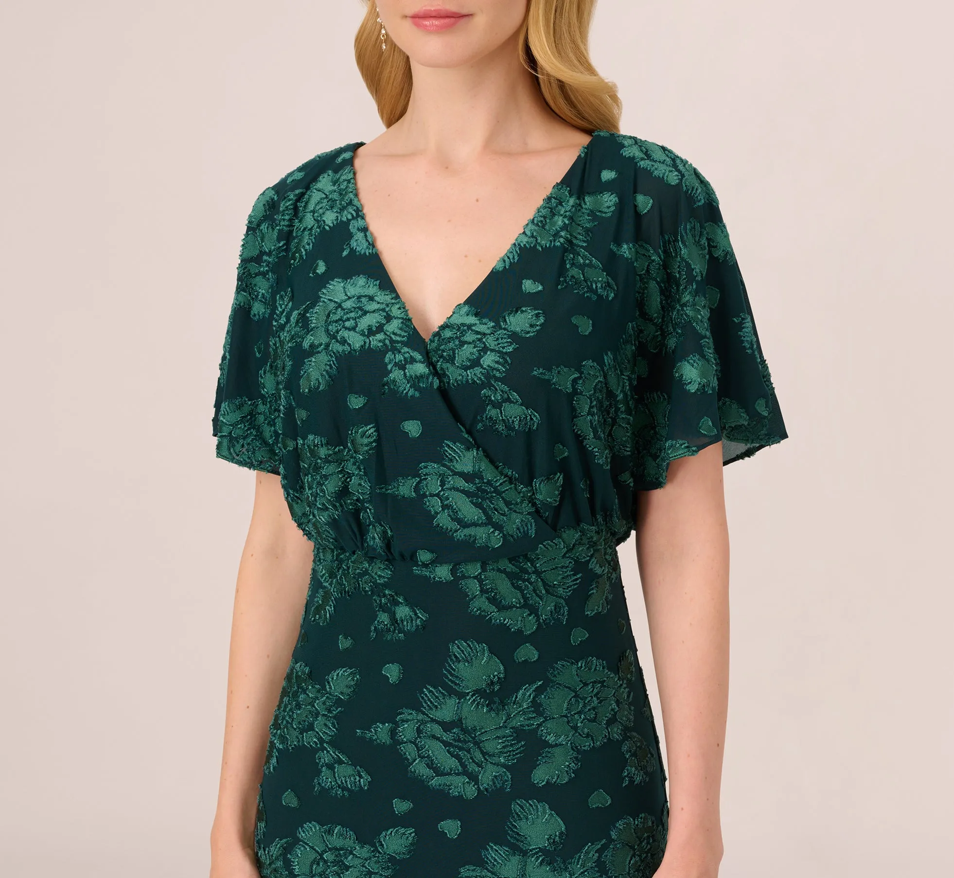 Floral Burnout Velvet Long Blouson Gown In Hunter