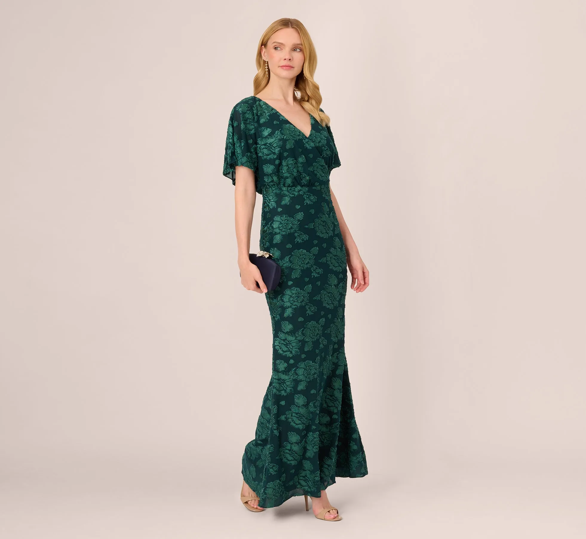 Floral Burnout Velvet Long Blouson Gown In Hunter