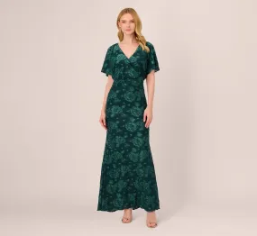 Floral Burnout Velvet Long Blouson Gown In Hunter