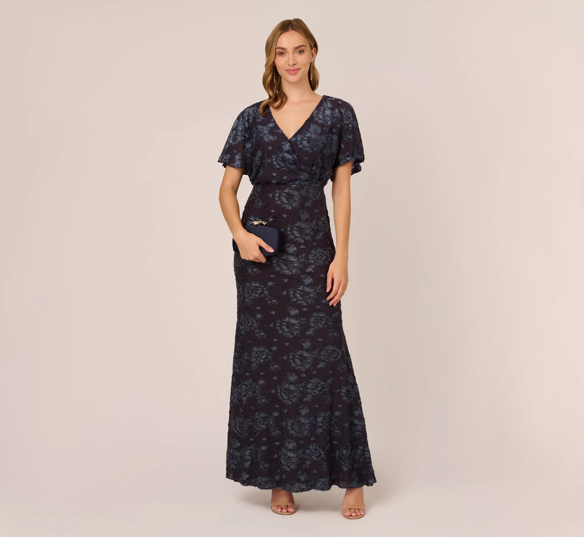 Floral Burnout Velvet Long Blouson Gown In Midnight