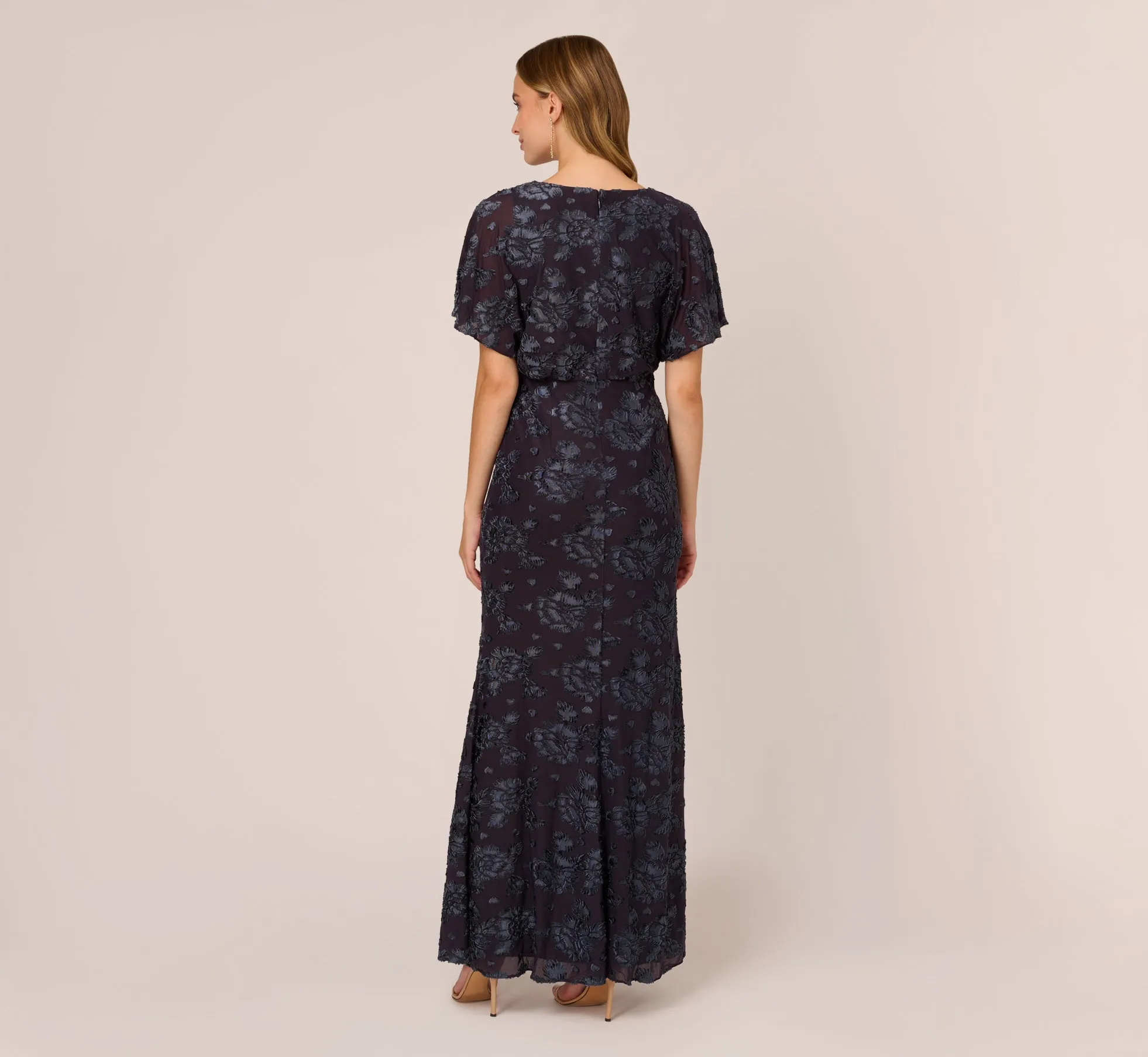 Floral Burnout Velvet Long Blouson Gown In Midnight