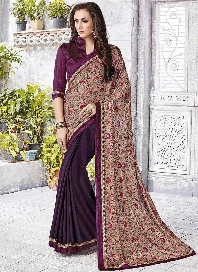 Floral Print Sarees - Wine