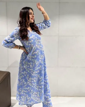 Floral Printed Lapis Blue Kurti With Pants