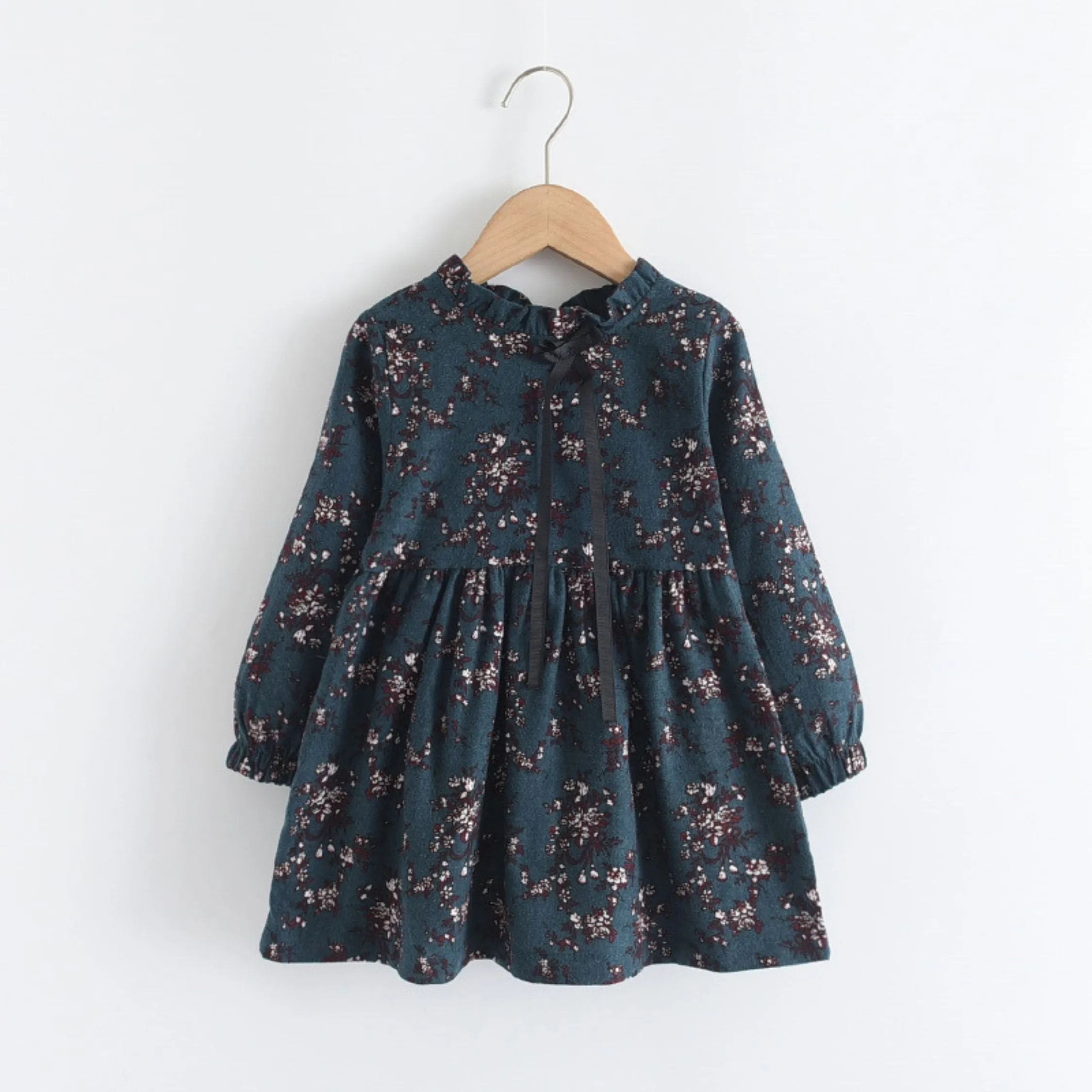 Full Sleeve Daisy Floral Front Bow Girls Dress, Multicolour