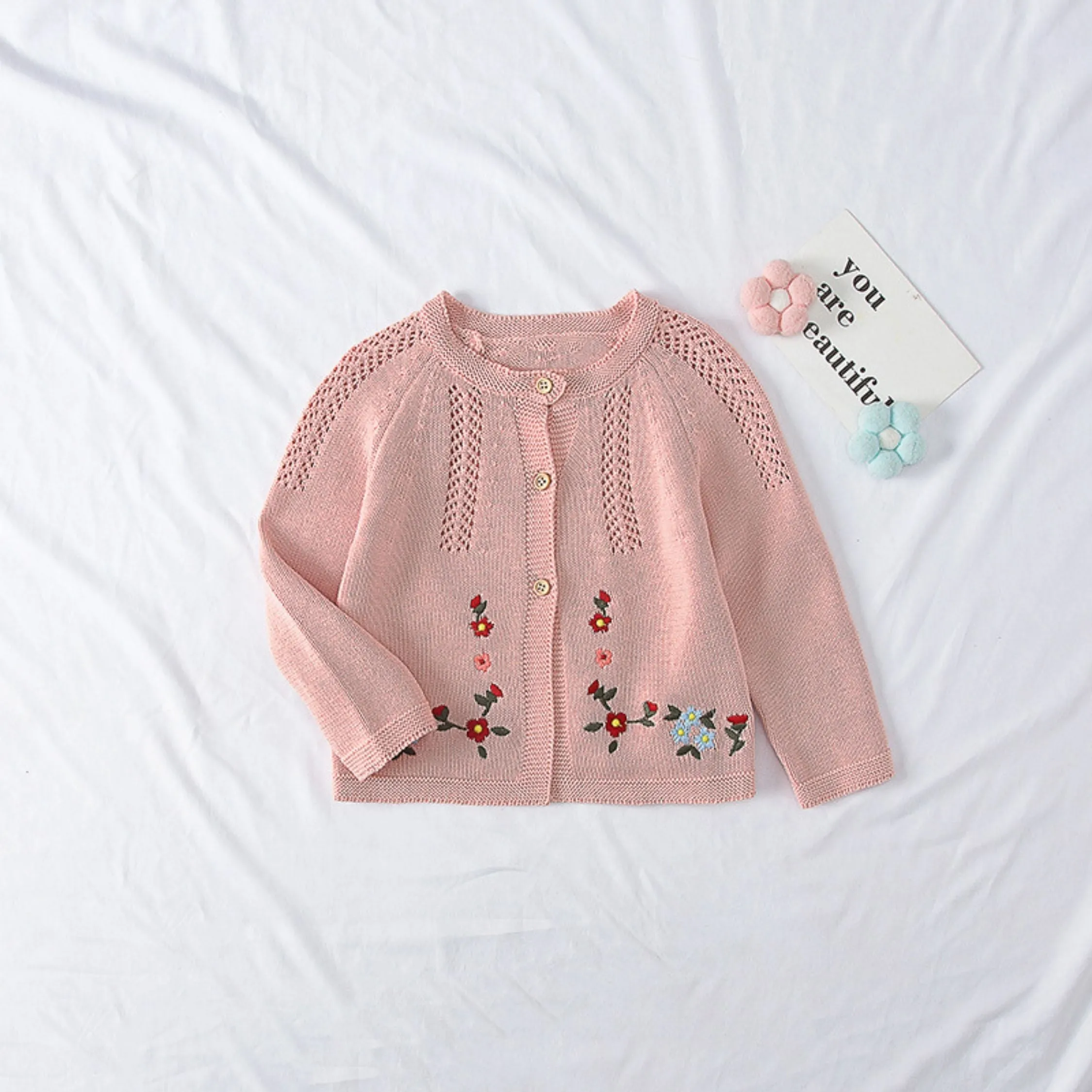 Full Sleeve Floral Embroidered Theme Girls Cardigan, Pink