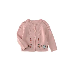 Full Sleeve Floral Embroidered Theme Girls Cardigan, Pink