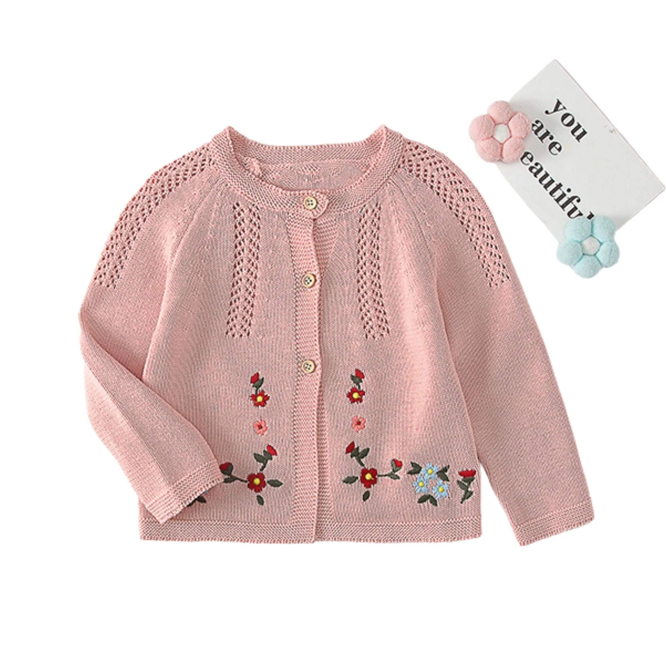 Full Sleeve Floral Embroidered Theme Girls Cardigan, Pink