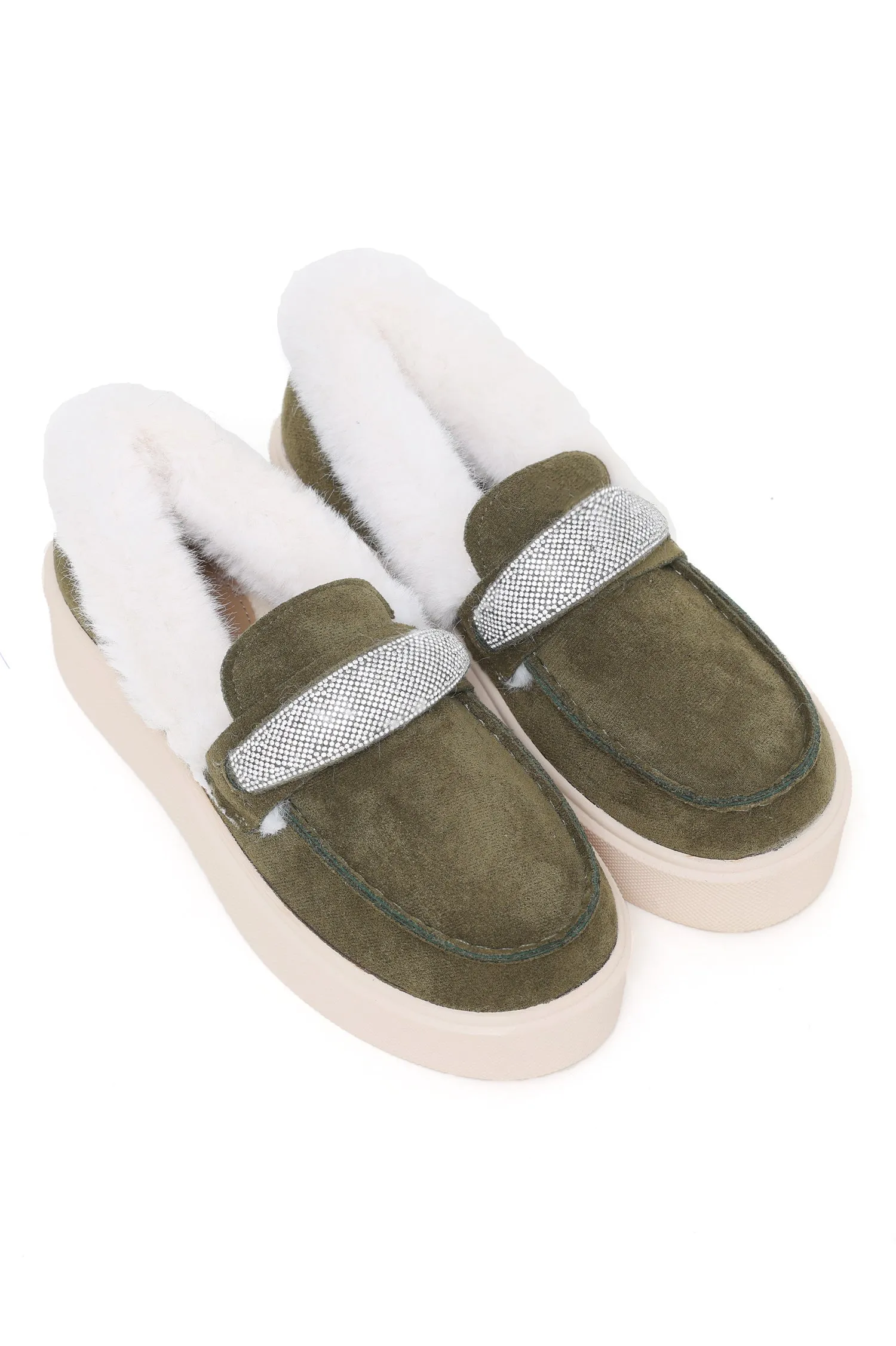 FUR SLIPONS-OLIVE