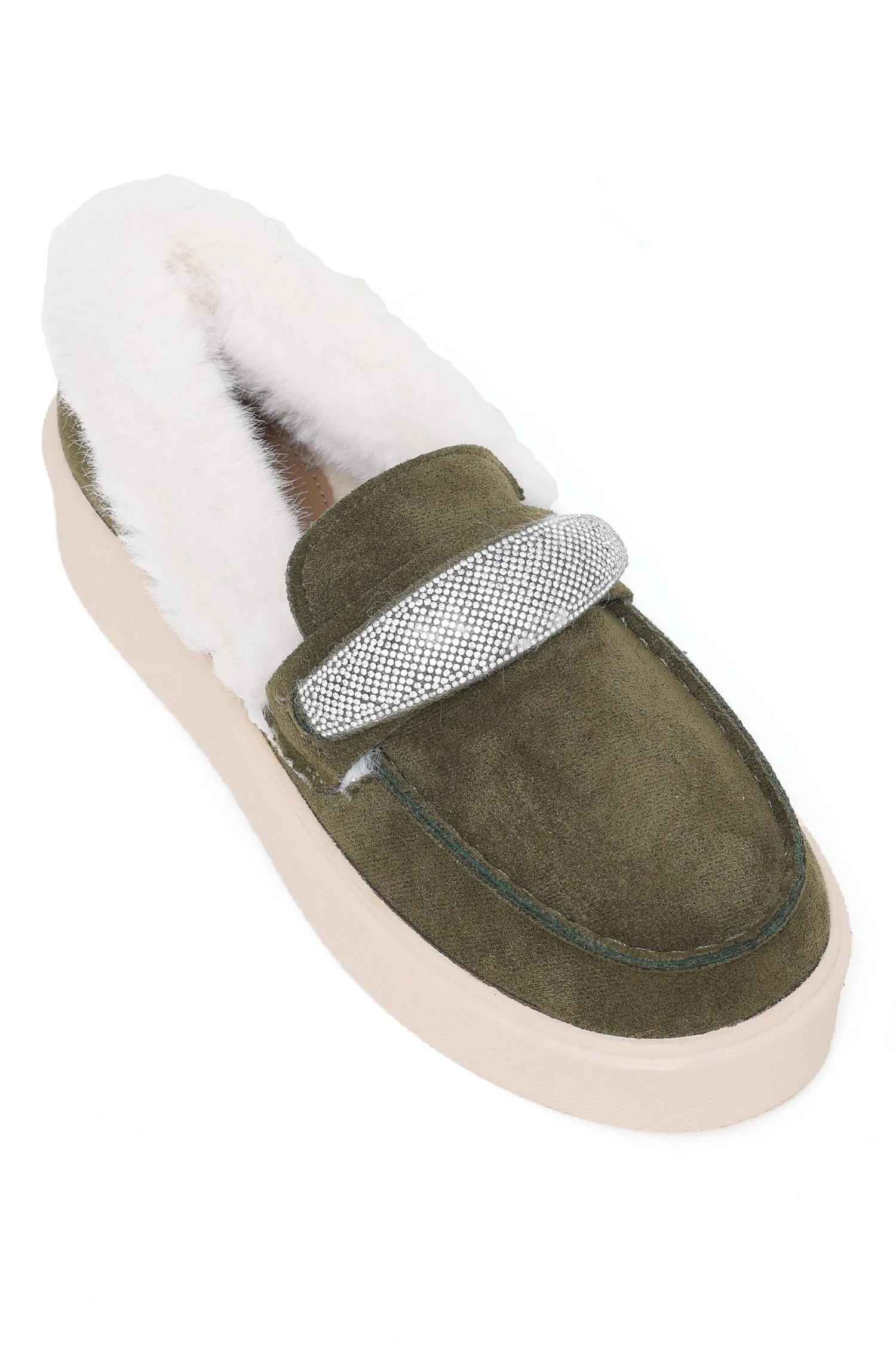 FUR SLIPONS-OLIVE