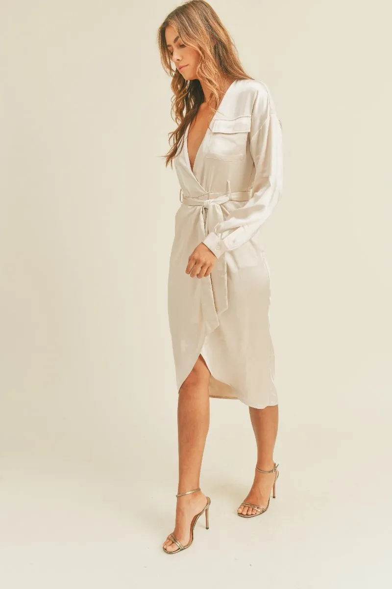 GIFT WRAPPED SATIN POCKETED LONG SLEEVE WRAP MIDI DRESS - CREAM